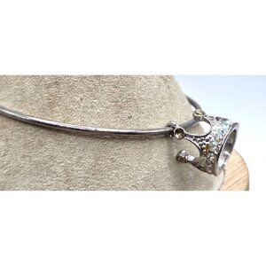 Silver Tone  Adjustable Bangle Bracelet With Crown Charm & Rhinestone Accents